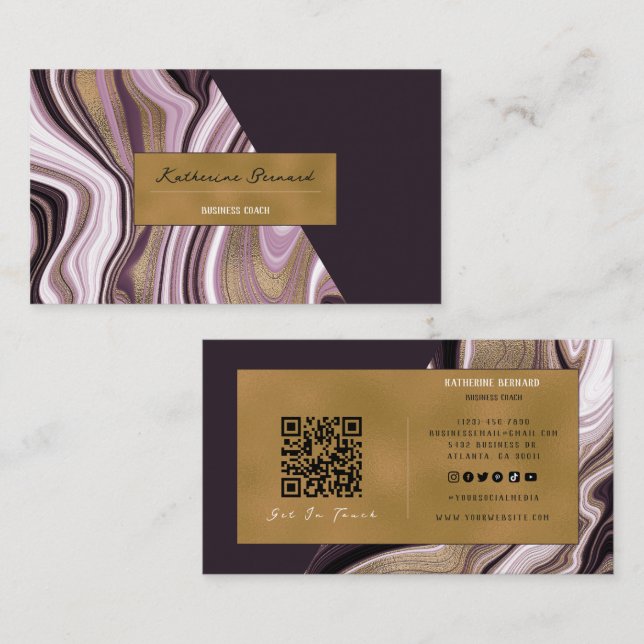 Cartão De Visita Luxury Purple and Gold Marble Business Coach Card (Frente/Verso)
