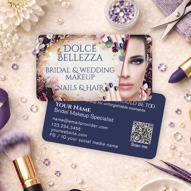 Cartão De Visita Luxury Purple Blue Floral Bridal Makeup Artist (Criador carregado)