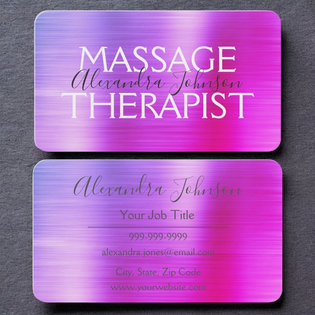 Cartão De Visita Luxury Purple Pink Brushed Metal Massage Therapy (Criador carregado)