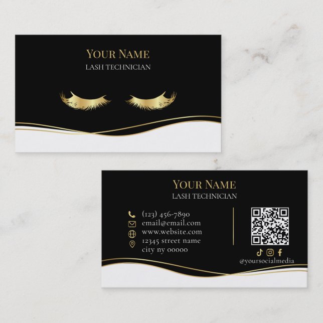 Cartão De Visita Luxury QR code Black and Gold Lash Technician (Frente/Verso)