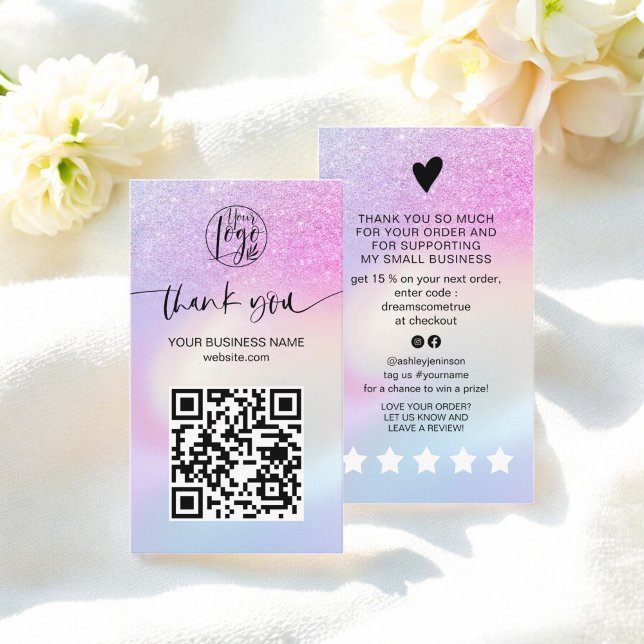Cartão De Visita Luxury Rainbow Glitter Ombre Holographic Obrigado (Luxury Rainbow Glitter Ombre Holographic Thank you Business Card)