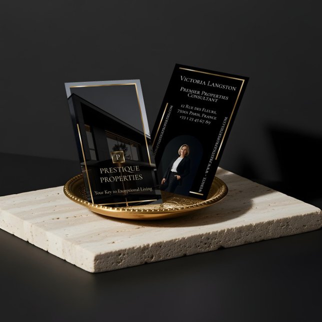 Cartão De Visita Luxury Real Estate Black Gold Photo Monogram (Luxury Real Estate Black Gold Photo Monogram Business Card)