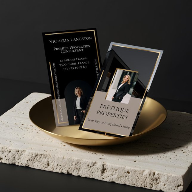 Cartão De Visita Luxury Real Estate Black Gold Photo Monogram (Luxury Real Estate Black Gold Photo Monogram Business Card)