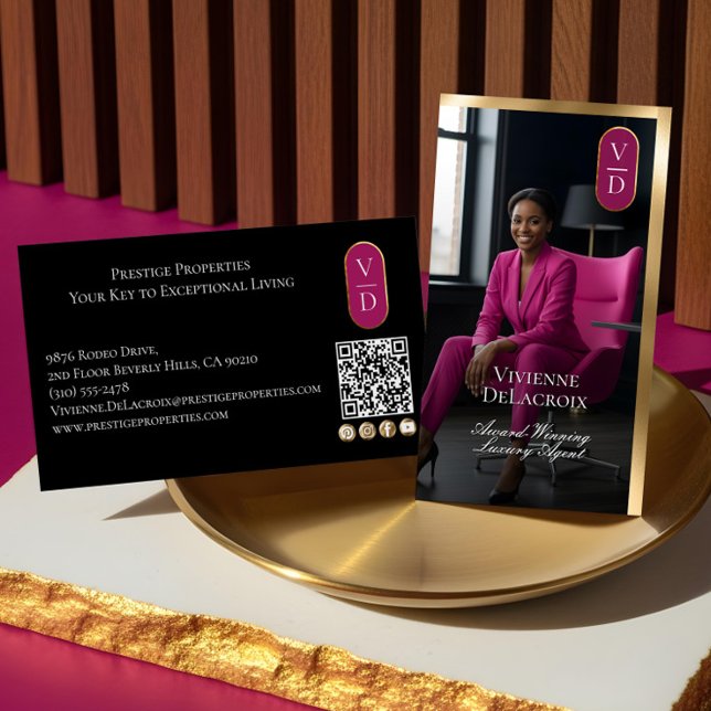 Cartão De Visita Luxury Real Estate Black Gold Pink Photo Monogram (Luxury Real Estate Black Gold Pink Photo Monogram Business Card)