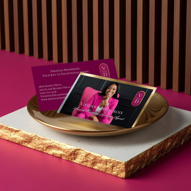 Cartão De Visita Luxury Real Estate Black Gold Pink Photo Monogram (Luxury Real Estate Black Gold Pink Photo Monogram Business Card)