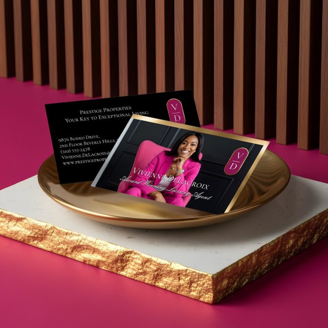 Cartão De Visita Luxury Real Estate Black Gold Pink Photo Monogram (Luxury Real Estate Black Gold Pink Photo Monogram Business Card)