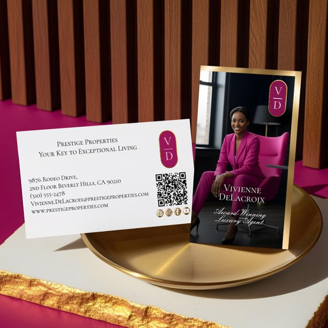 Cartão De Visita Luxury Real Estate Black Gold Pink Photo Monogram (Luxury Real Estate Black Gold Pink Photo Monogram Business Card)