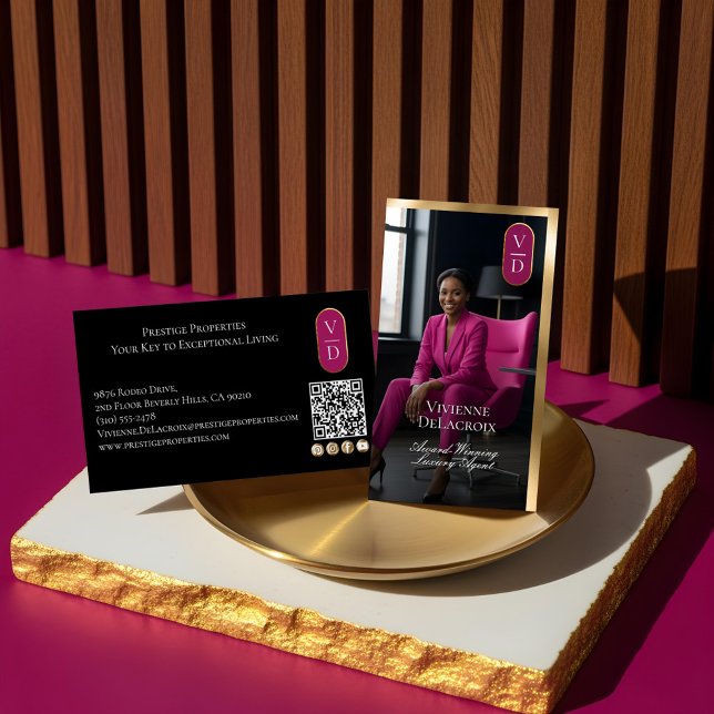 Cartão De Visita Luxury Real Estate Black Gold Pink Photo Monogram (Luxury Real Estate Black Gold Pink Photo Monogram Business Card)