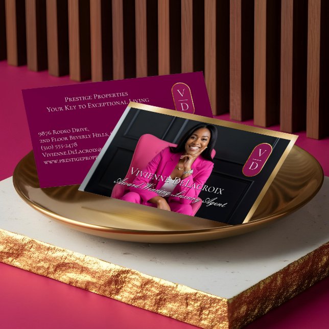 Cartão De Visita Luxury Real Estate Black Gold Pink Photo Monogram (Luxury Real Estate Black Gold Pink Photo Monogram Business Card)