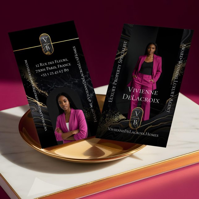 Cartão De Visita Luxury Real Estate Elegant Black Gold Marble Photo (Luxury Real Estate Elegant Black Gold Marble Photo Business Card)