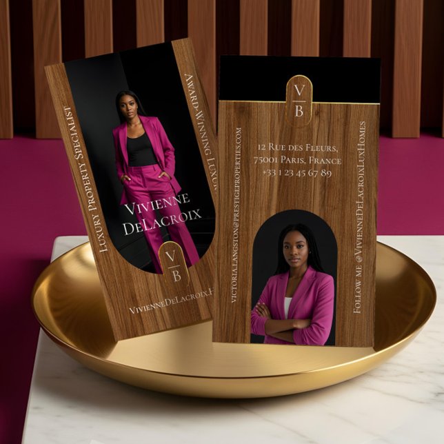 Cartão De Visita Luxury Real Estate Elegant Woodgrain & Gold Photo (Luxury Real Estate Elegant Woodgrain & Gold Photo Business Card)