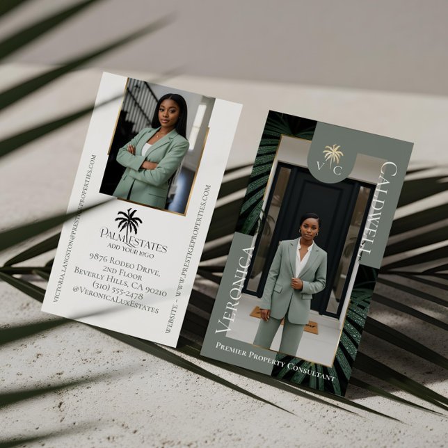 Cartão De Visita Luxury Real Estate Firm Palm Tree Monogram Photo (Elegant Luxury Tropical Palm Tree Monogram Photo Business Card)