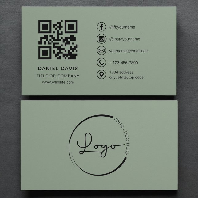 Cartão De Visita Luxury Sage Green Company Logo QR Code  (Criador carregado)