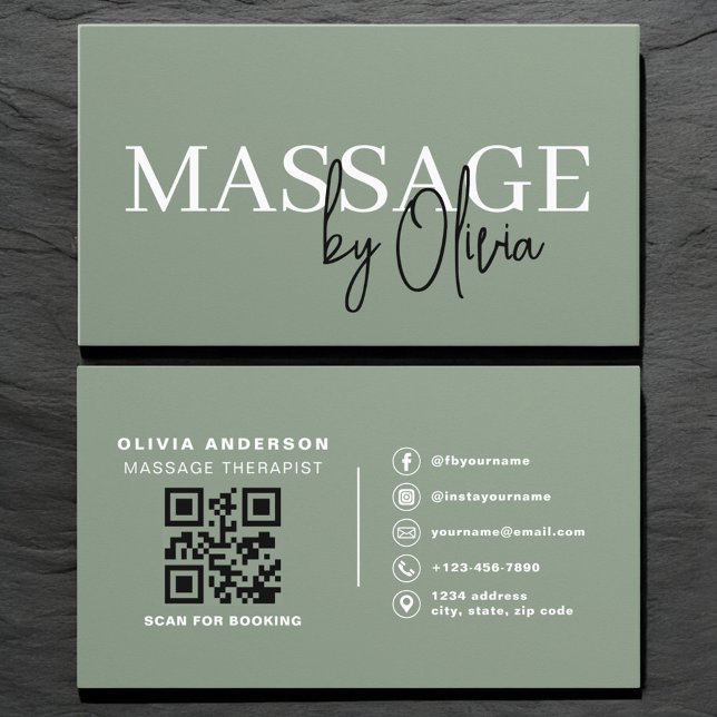 Cartão De Visita Luxury Sage Green Massage Therapist QR Code  (Criador carregado)