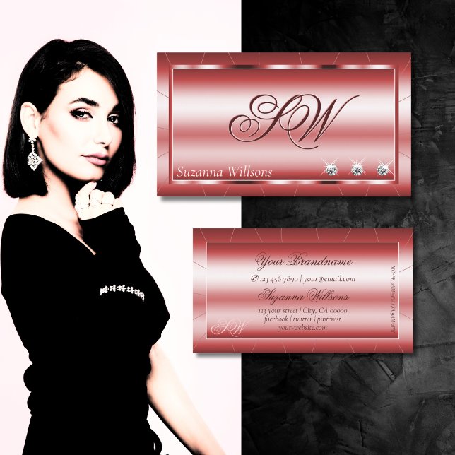 Cartão De Visita Luxury Shimmery Red com Ouros e Monograma (Criador carregado)