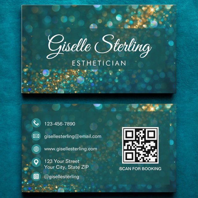 Cartão De Visita Luxury Teal Dourado Glitter Estheticista Código QR (Criador carregado)
