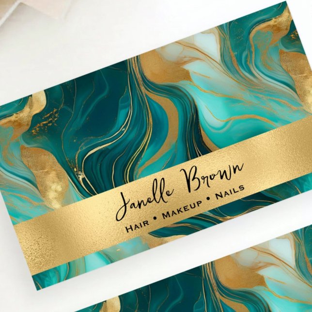 Cartão De Visita Luxury Teal Marble e Gold Foil (Criador carregado)