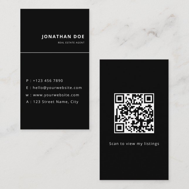 Cartão De Visita Luxury Vertical Black QR Code Realtor  (Frente/Verso)