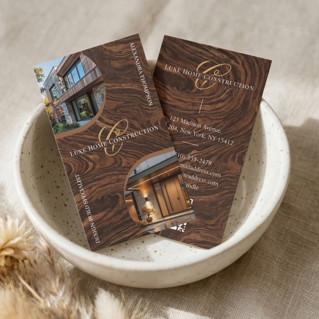 Cartão De Visita Luxury Woodgrain Monogram Home Contractor Photo (Luxury Woodgrain Monogram Home Contractor Photo Business Card)