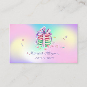 Cartão De Visita Macarons Elegantes Fofos, Doces Padaria Holográfic