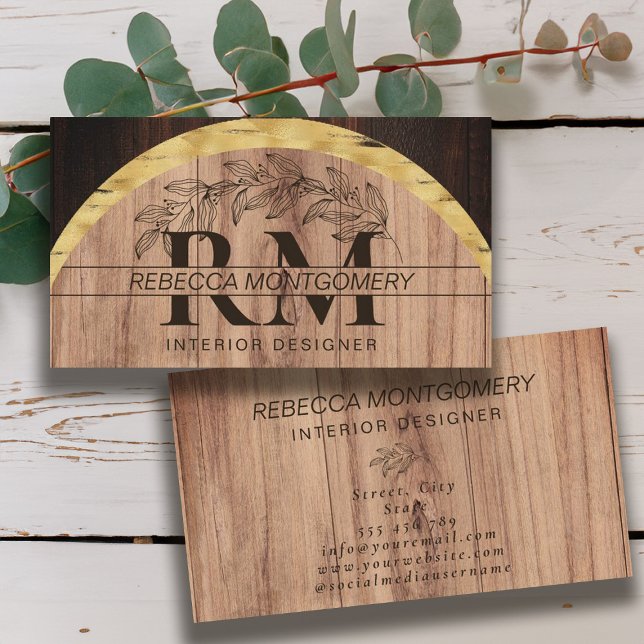 Cartão De Visita Madeira Floral Rústica Monograma Dourada (Rustic Wood Floral Monogrammed Gold Business Card)