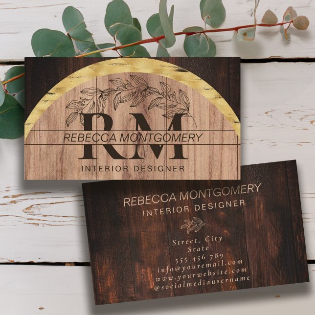 Cartão De Visita Madeira Floral Rústica Monograma Dourada (Rustic Wood Floral Monogrammed Gold Business Card)