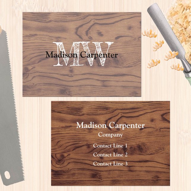 Cartão De Visita Madeira russa queimada Carpinteiro Monograma (Custom business card for men, carpenter, wood worker, handy man... )