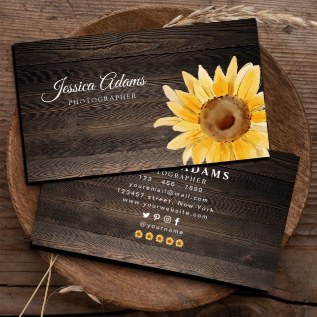 Cartão De Visita Madre Rústica Amarelo-Girassol (Rustic Yellow Sunflower Watercolor Wooden Business Card,#sunflower #handpaintedsunflower #watercolor)