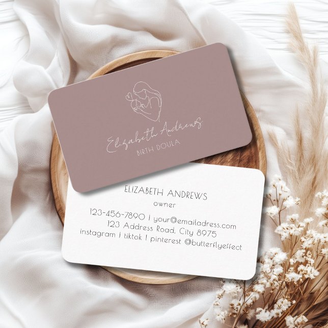 Cartão De Visita Mãe Minimalista e Arte de Filha - Doula, Parteira (Minimalist Mother & Baby Line Art – Doula, Midwife, Taupe Business Card)