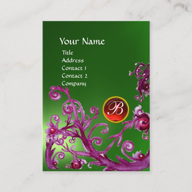 Cartão De Visita MAGIC BERRIES MONOGRAM GEM emerald verde vermelho (Frente)