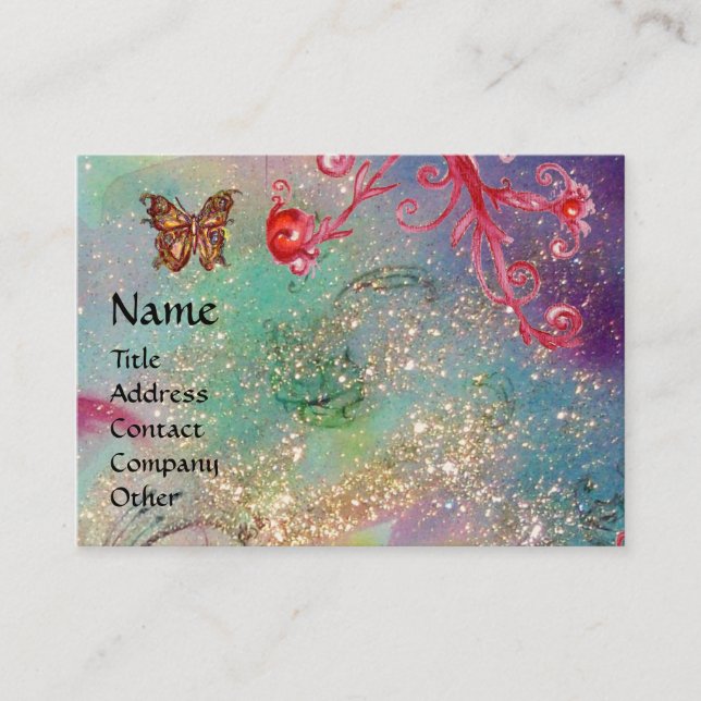 Cartão De Visita MAGIC BUTTERFLY azul verde-dourado cintilante (Frente)