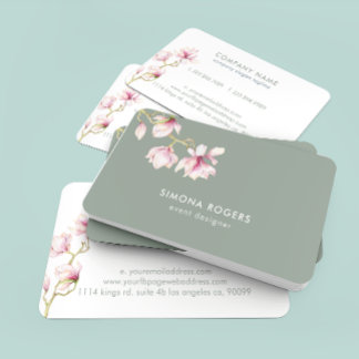 Cartão De Visita Magnolia Rosa Aquarelas Sage-Green Fundo