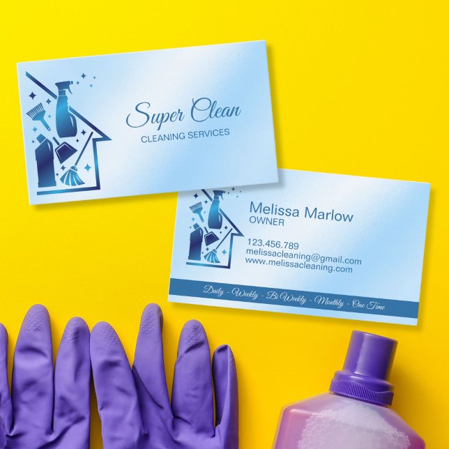 Cartão De Visita Maid Cleaning House professional Cleaning Services (cleaning tools logo for cleaning services business, residential and commercial. blue color)