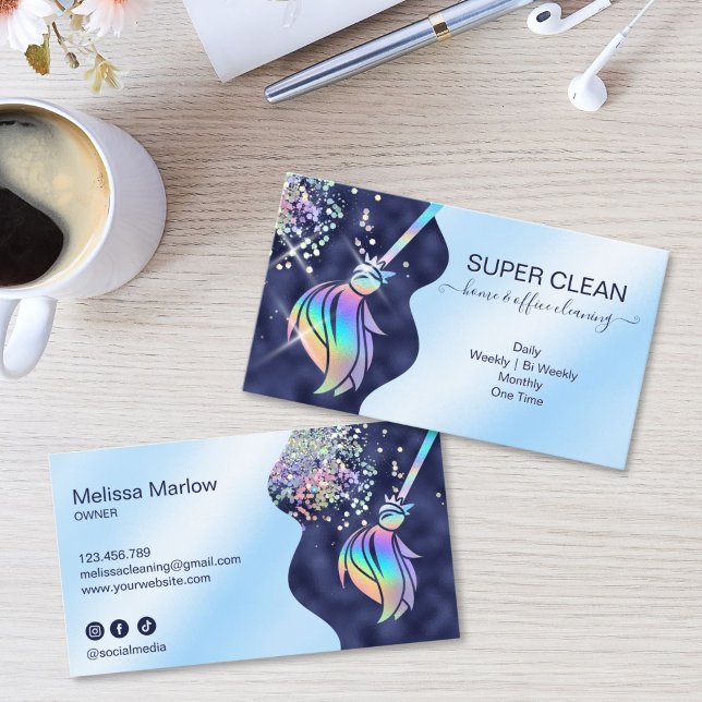 Cartão De Visita Maid Cleaning House Sparkling Holograph Business C (Maid Cleaning House Sparkling Business Card with holographic broom logo, glitter dust)