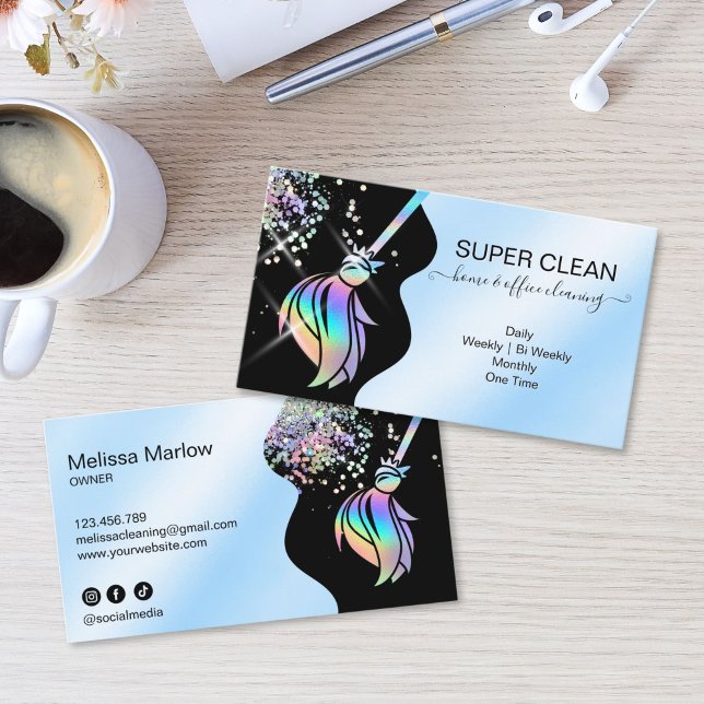 Cartão De Visita Maid Cleaning House Sparkling Holograph Business C (Maid Cleaning House Sparkling Business Card with holographic broom logo, glitter and water splash)