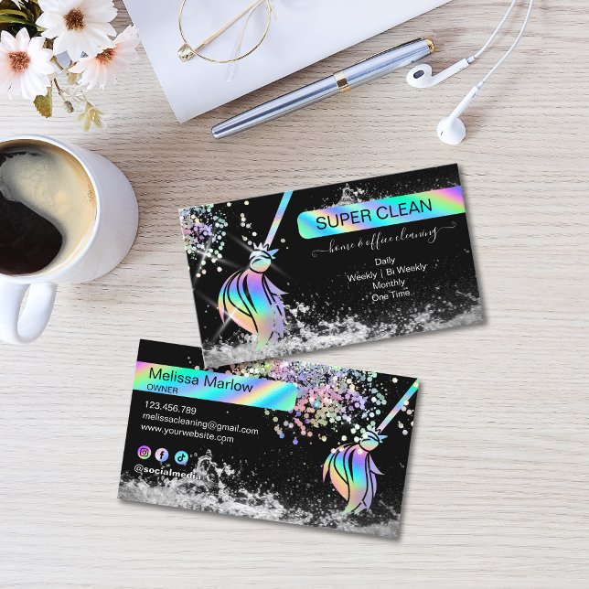 Cartão De Visita Maid Cleaning House Sparkling Holograph Business C (Maid Cleaning House Sparkling Business Card with holographic broom logo, glitter and water splash)