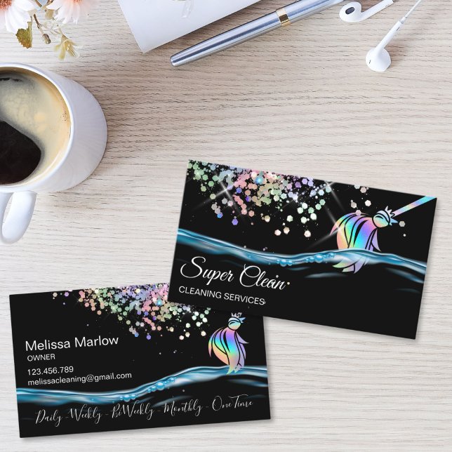 Cartão De Visita Maid House Cleaning Housekeeping Holograph (Maid Cleaning House Sparkling Business Card with holographic broom logo, glitter and water splash)