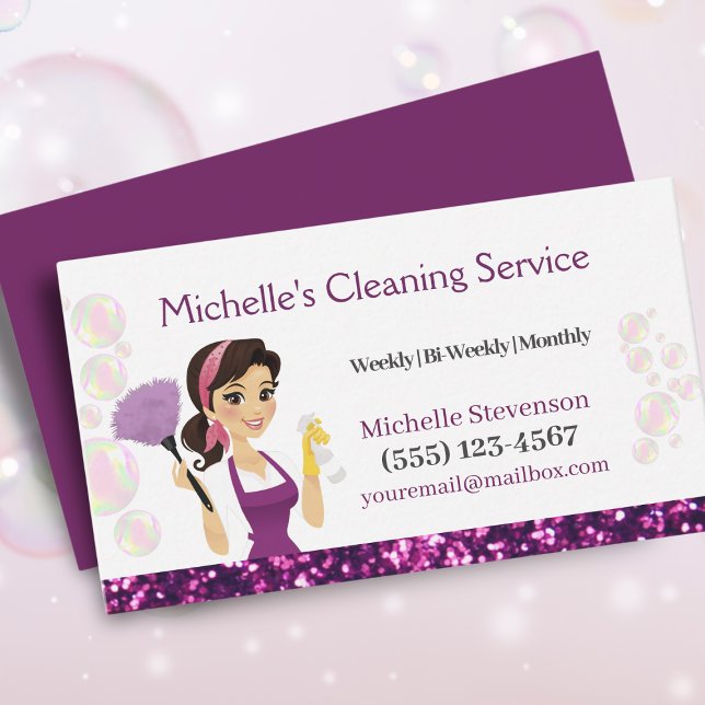 Cartão De Visita Maid House Clearing Service Purple Glitter (Criador carregado)