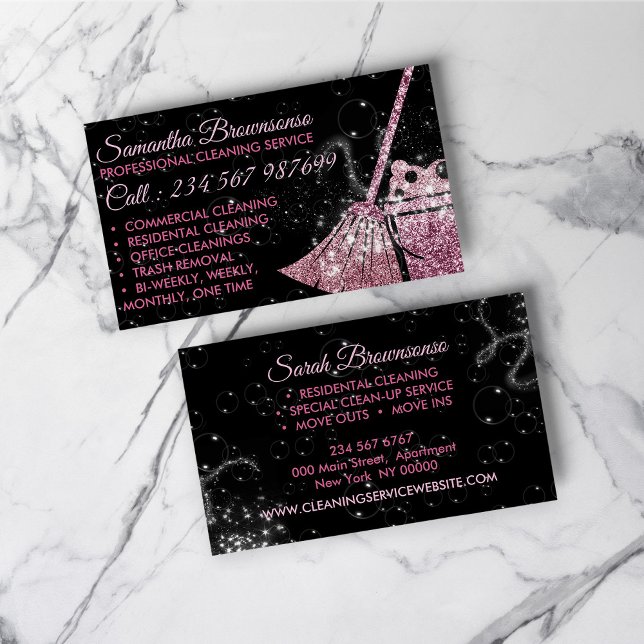 Cartão De Visita Maid Janitorial de Limpeza de Luxo Rosa Preto (Black Pink Luxury Cleaning Maid Janitorial Business Card)