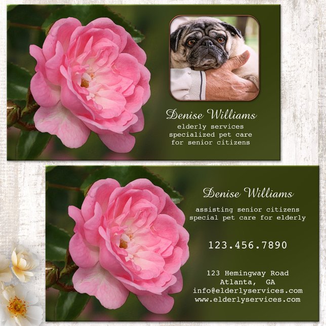 Cartão De Visita Mais velho Citizen Services e Pet Care Foto (Business card featuring a fresh pink rose on green - geriatric care, care giver, home care)