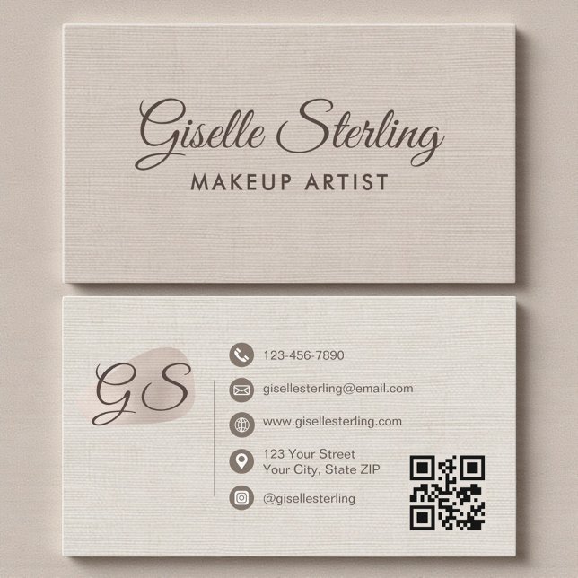Cartão De Visita Makeup Artist Beige Linen Modern Elegant QR Code (Criador carregado)