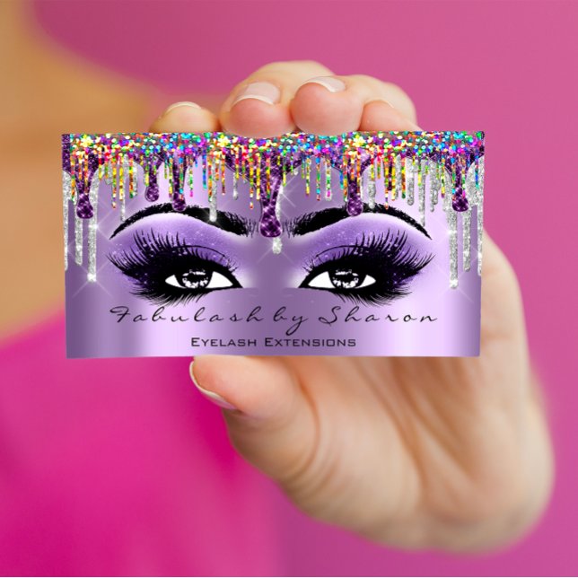 Cartão De Visita Makeup Artist Brow Eyelash Drives Hológrafo Roxo (Makeup Artist Brow Eyelash Drips Purple Holograph Business Card)
