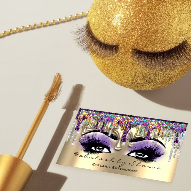 Cartão De Visita Makeup Artist Brow Eyelash Hológrafo Violeta Doura (Makeup Artist Brow Eyelash Gold Violet Holograph Business Card)