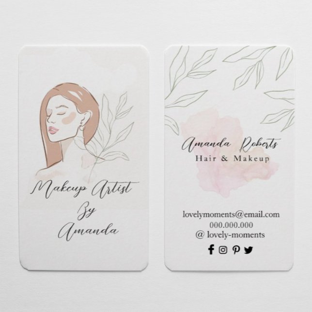 Cartão De Visita Makeup Artist Chic Beauty Natural (#zazzlemade #beautynarural #makeupartist #proffissinal #watercolor #skincare #hair organic #leaves)