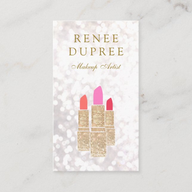 Cartão De Visita Makeup Artist Dourado Lipstick Bokeh Beauty (Frente)