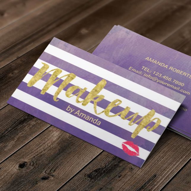 Cartão De Visita Makeup Artist Dourado Script Classy Purple Stripes (Criador carregado)