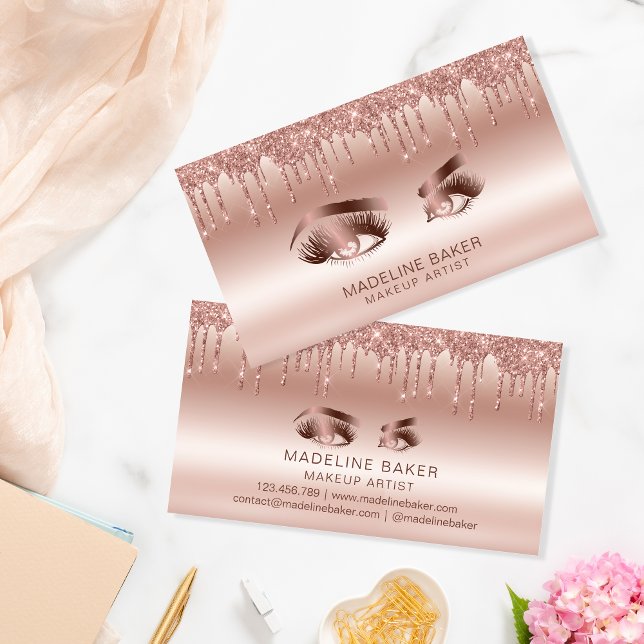 Cartão De Visita Makeup Artist Eyes Lashes Drivendo Rosa Dourado (Criador carregado)