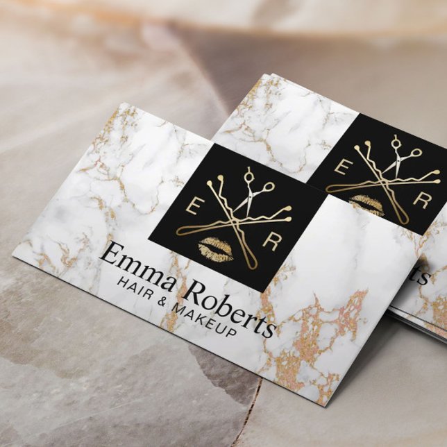 Cartão De Visita Makeup Artist Hair Salon BeauLogo Trendy Marble (Criador carregado)