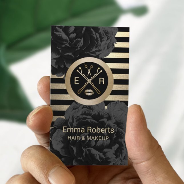 Cartão De Visita Makeup Artist Hair Stylist Black & Dourado Floral (Criador carregado)