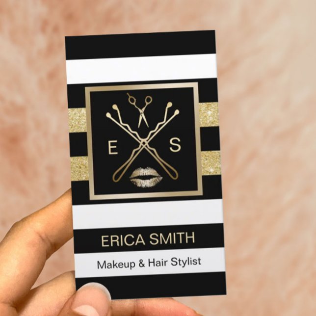 Cartão De Visita Makeup Artist Hair Stylist Black & Dourado Stripes (Criador carregado)